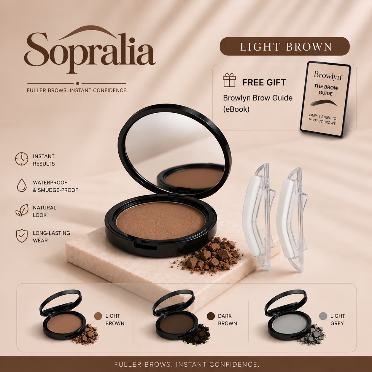 Kit sopracciglia con timbro, tonalità Castano chiaro, con specchio e applicatori