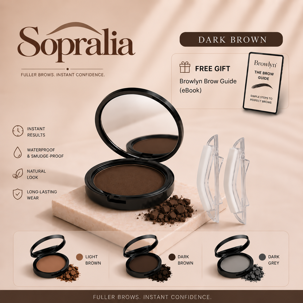Kit sopracciglia con timbro, tonalità Castano scuro, con specchio e applicatori